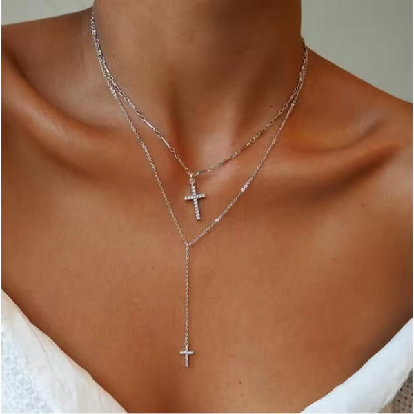 ✝️ Multilayer Double Layer Cross Crystal Necklace Sweater Chain My Store